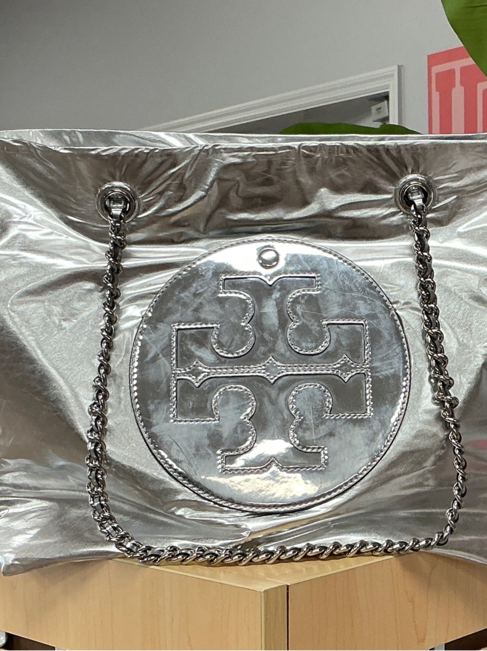 Tory Burch Metallic Silver Chain-Handle Tote
